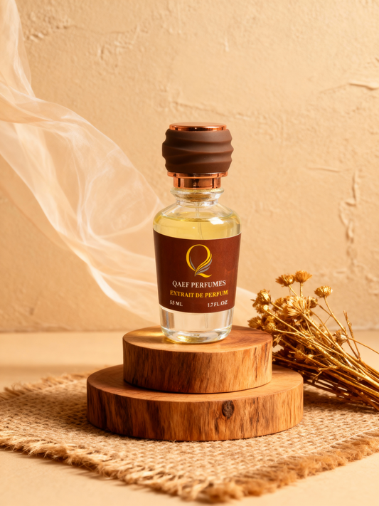Perfume bottle on a wooden stand with a beige background